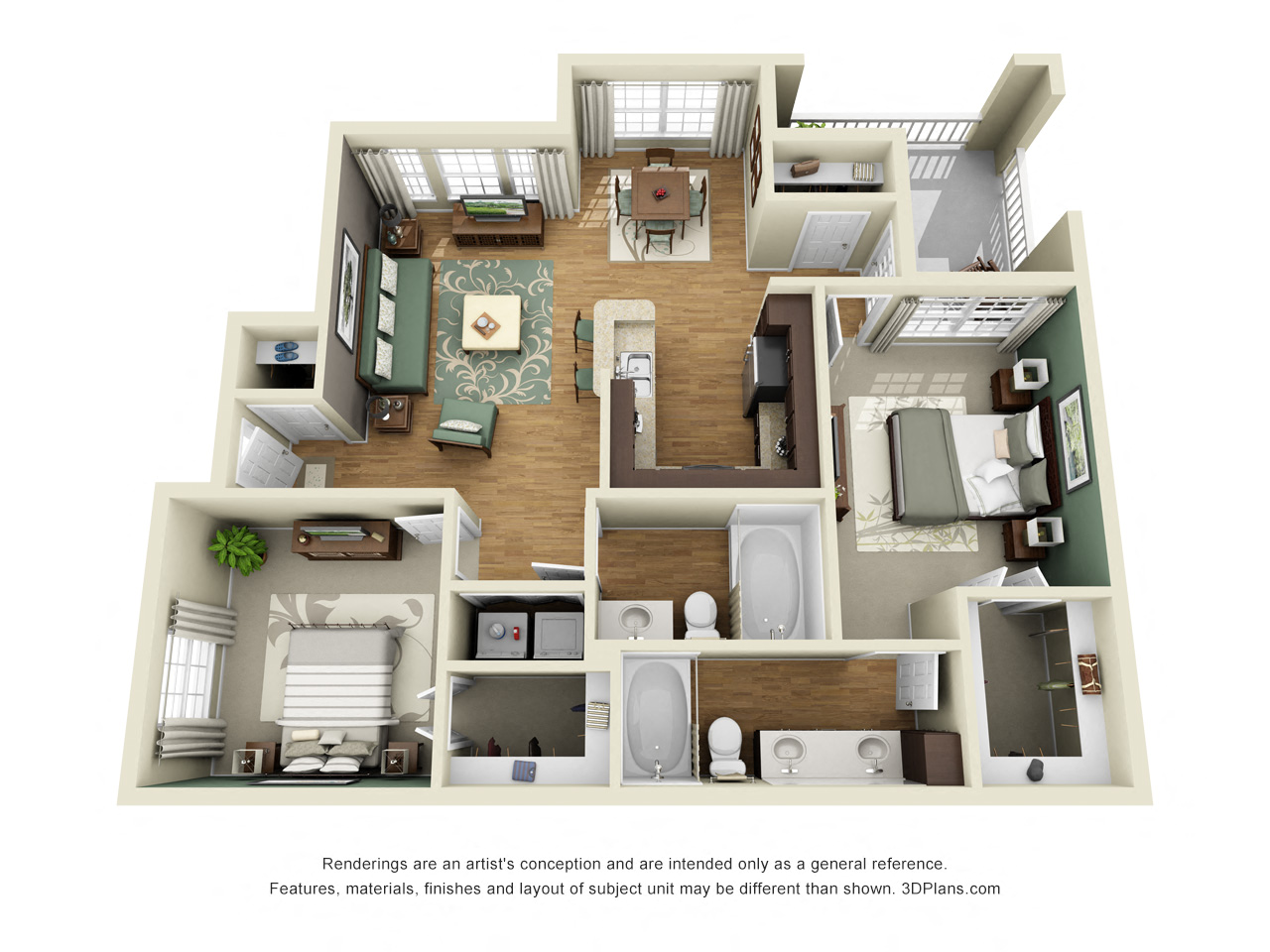 Floor plan for 2 beds, 2 baths, 1119 sqft